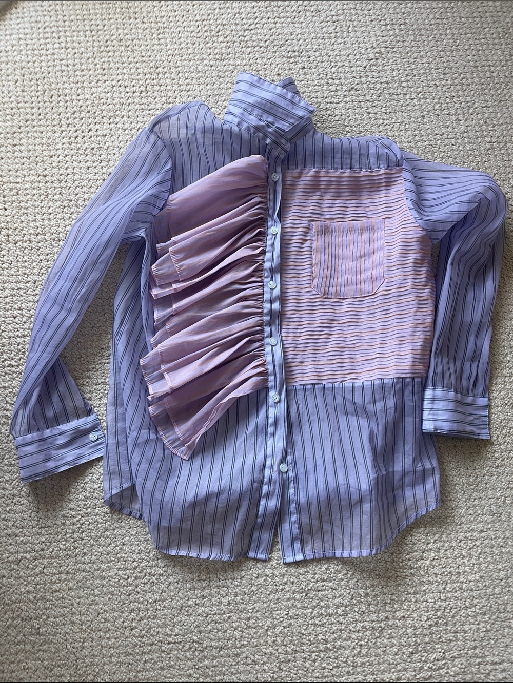 Women’s sheer Pink & Lavender Ruffle Button-Up Shirt with pin tucks